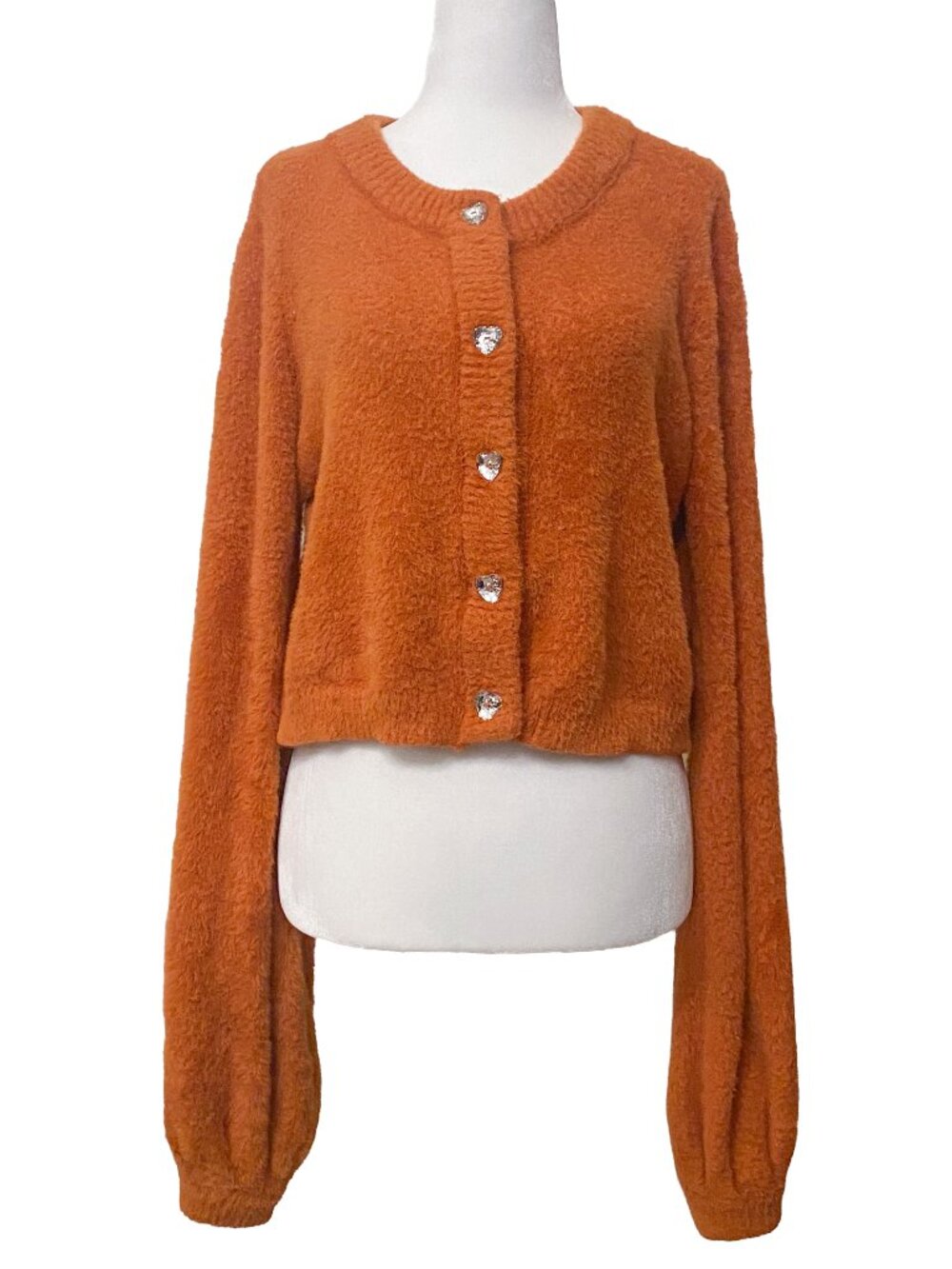FOR LOVE & LEMONS Orange Fuzzy Cropped Cardigan Heart Rhinestone Button L Myriam
